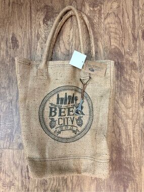 Backroads Textiles Beer City USA Burlap Bag Jute Blue stripe Inside Bottle Opene